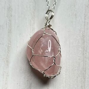 Rose Quartz wire cage tumble pendant necklace silver plated pink